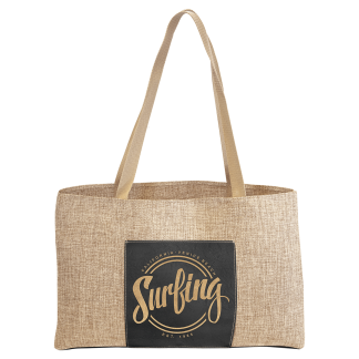 19" x 12" Burlap Bag with 5" Black/Gold Laserable Leatherette Gusset