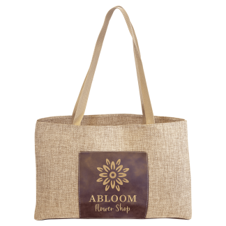 19" x 12" Burlap Bag with 5" Rustic/Gold Laserable Leatherette Gusset