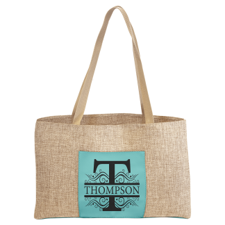 19" x 12" Burlap Bag with 5" Teal Laserable Leatherette Gusset