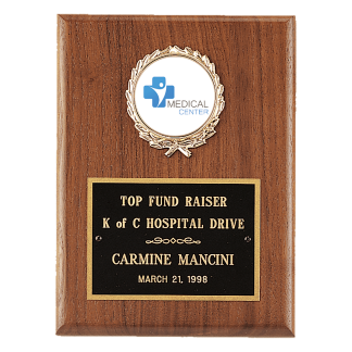 4 1/2" x 6" American Walnut Plaque with Gold Border Black Laserable Brass Plate and 2" Insert Holder- Witney Series (2" Inserts Sold Seperately)