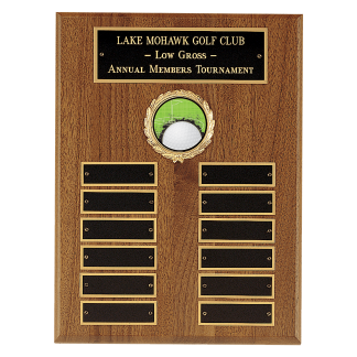 9" x 12" American Walnut Perpetual Plaque with 12 Gold Border Black Laserable Brass Plates and 2" Insert Holder- Witney Series