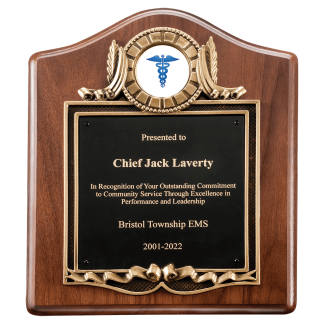 10" x 12" American Walnut Plaque with Gold Border Decorative Frame with 2" Insert Holder, Laserable Black Brass Plate- Witney Series