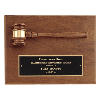 9" x 12" Solid Walnut Plaque with a Walnut Gavel, Gold Gavel Band and Black Laserable Brass Plate