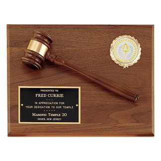 Solid Walnut Plaque with a Walnut Gavel, Gold Gavel Band, Black Laserable Brass Plate and 2" Insert Holder (Insert Sold Separately)