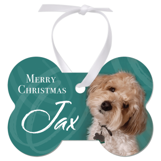 3.25"x 2" Gloss White Unisub Aluminum Dog Bone Ornament, 1-Side w/White Ribbon