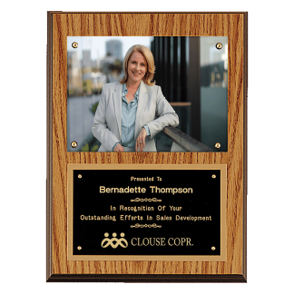 9" x 12" American Oak Finish Photo Award Plaque (P1462) with Custom 2" Photo Medallion